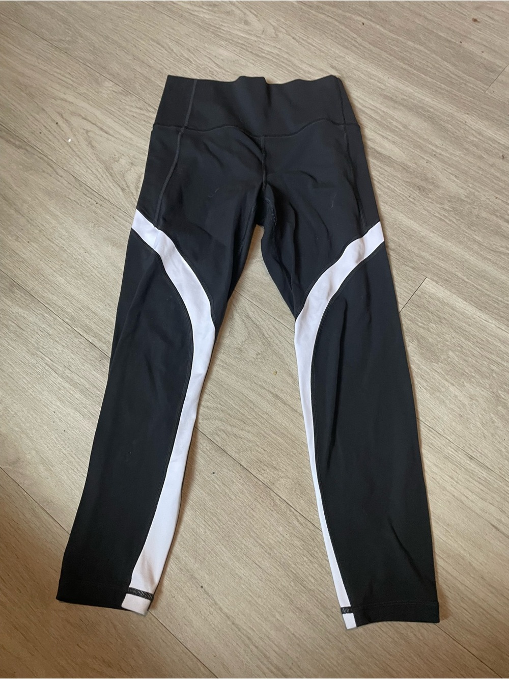 Athleta Black Leggings with White Curved Panels